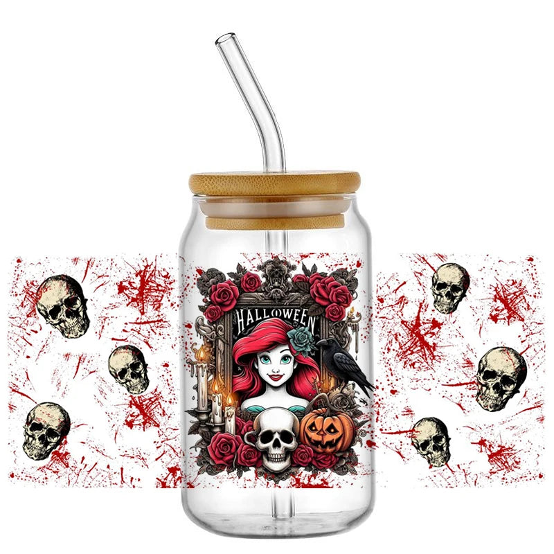 Miniso Halloween Stitch Mixed Cartoon Pattern Transfer Stickers Waterproof UV DTF Cup Wraps 3D Wrap Decal For 16oz Libbey Glass