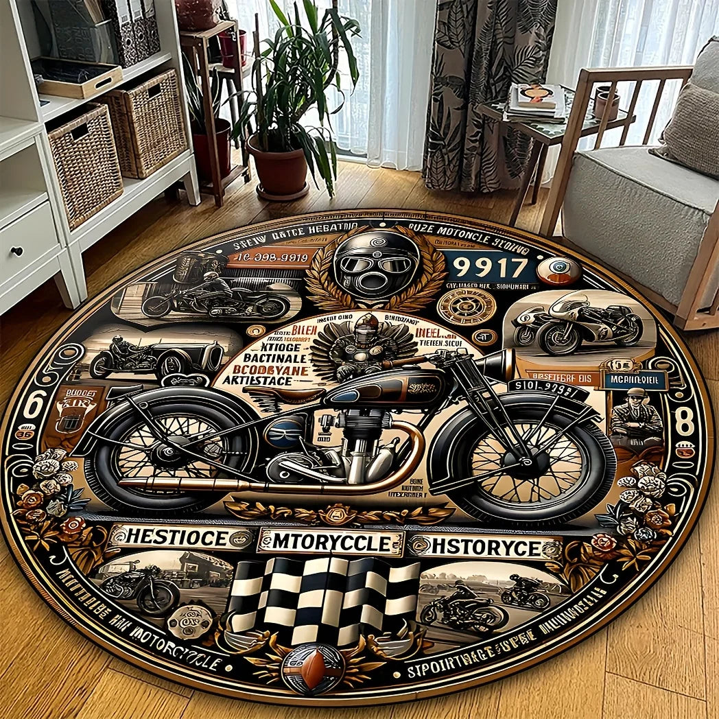 Retro Motorcycle Pattern Round Area Rug – Anti-Slip, Digital Printed Floor Mat for Bedroom, Living Room, Game Room, Bar Decor