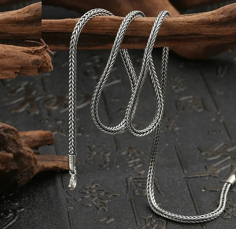 Real Silver Retro Classical Square Fox Tail Chain Necklace For Man Woman S925 Silver Chopin Sweater Chain Necklaces Fine Jewelry