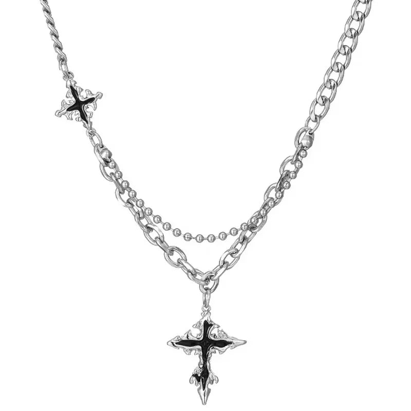 Y2K Grunge Hip Hop Halloween Jewelry Accessories Punk Metal Back Cross Pendant Silver Color Chain Necklace for Women Men 1pcs