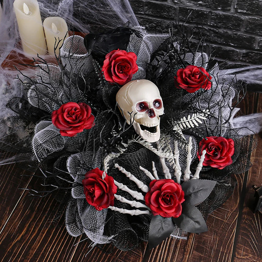 Halloween Wreath Scary Red Rose Wreath Halloween Skeleton Wreath for Haunted Mansion Halloween and Party Supplies