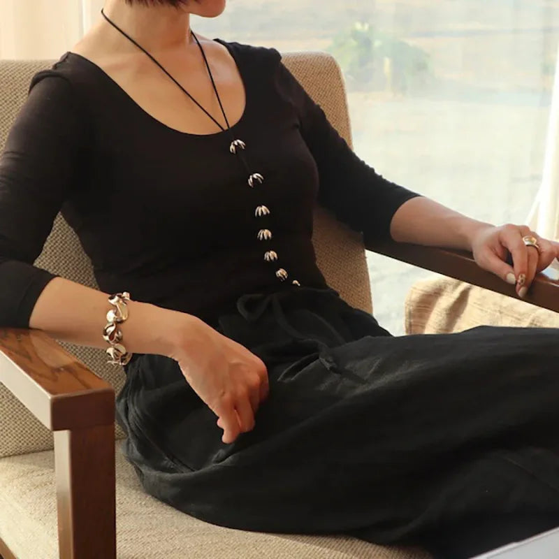 Europe Retro Brass Plating 18K Gold Black Rope Wheat Tassel Long Sweater Chain Necklace Woman Charm Jewelry Trend