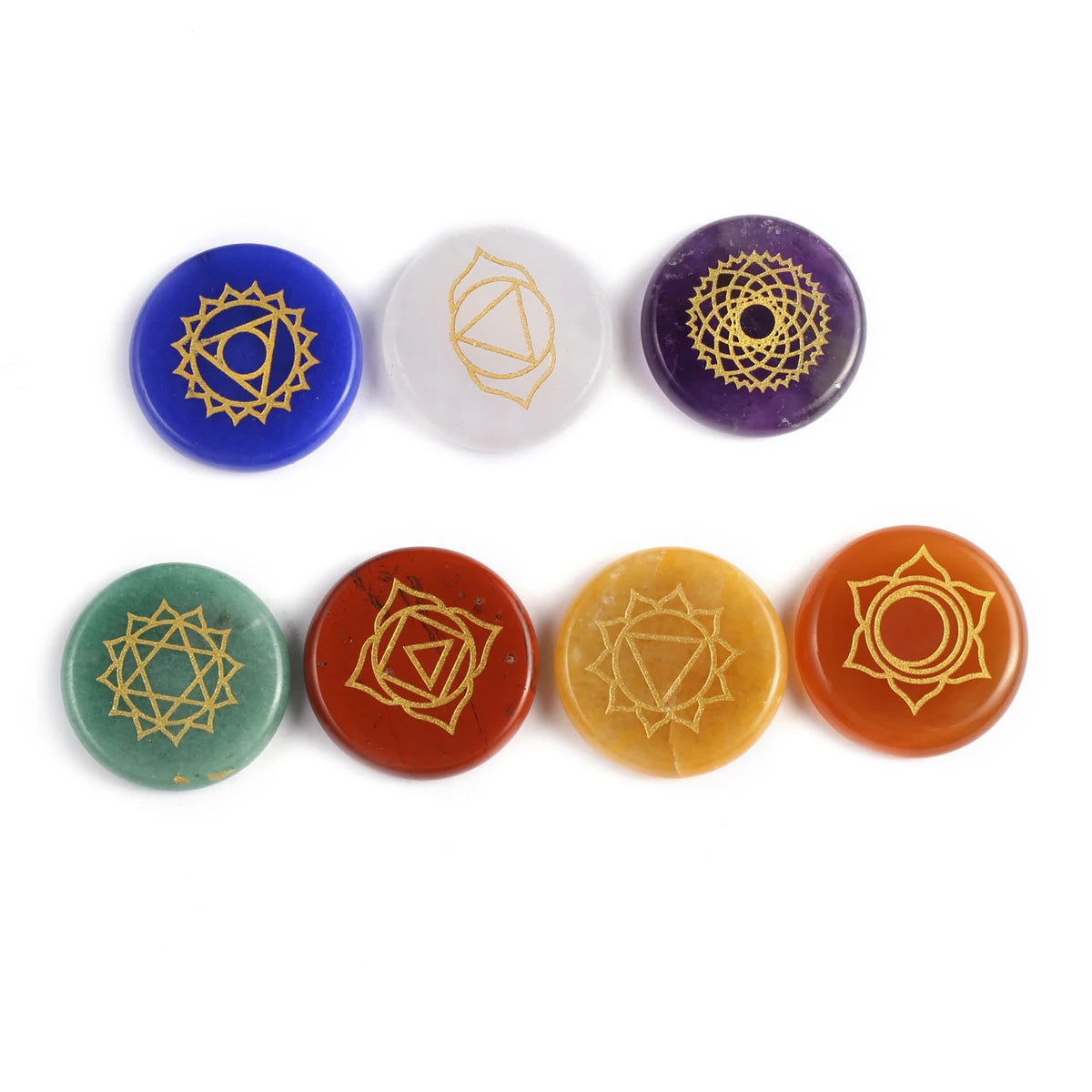 Set of 7 Pieces Natural Stones  Pendulum Reiki Healing Stones Engraved  Seven Chakra Symbols Reiki Healing Gems