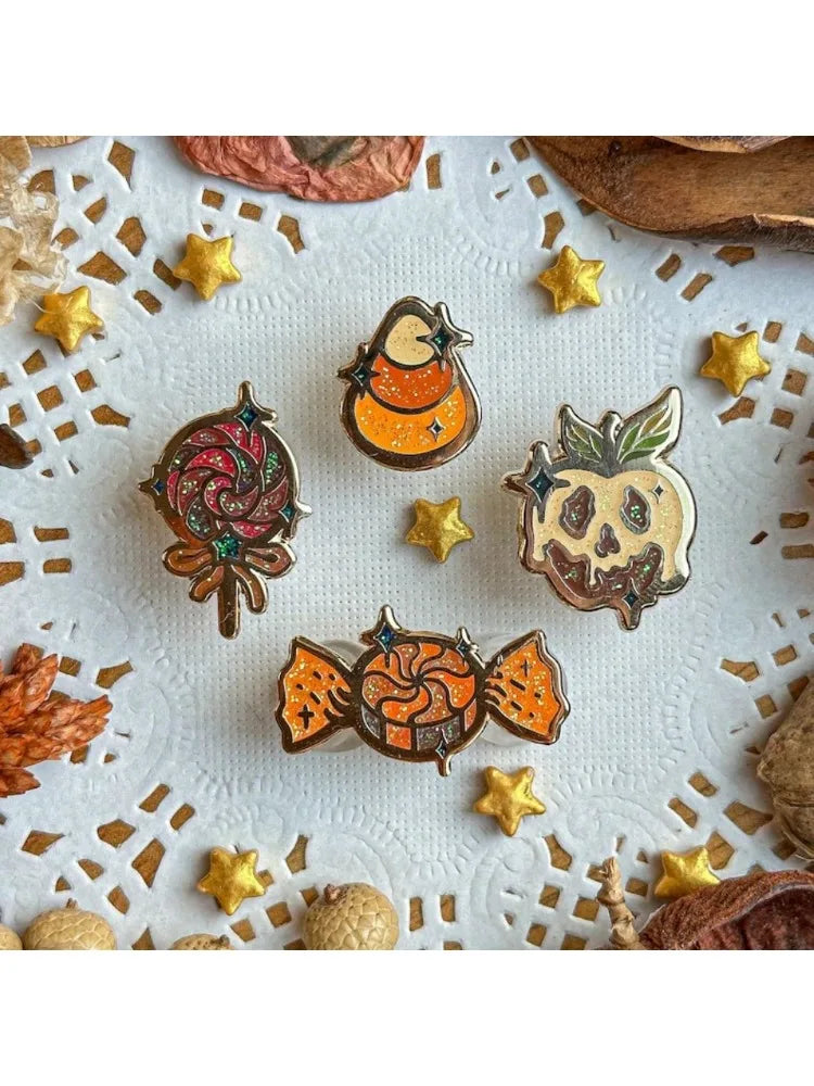 Halloween Glitter Spooky Candies Enamel Pins Gothic Skull Metal Badge Witchy Lollipop Brooch for Jewelry Accessory Best Gifts