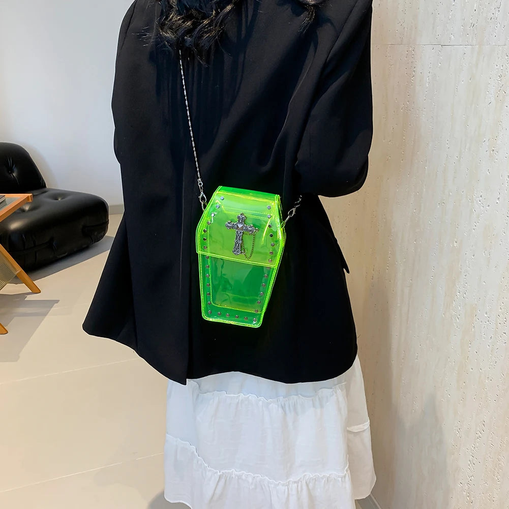 2024 Novelty Coffin Shape Purse Halloween PVC Clear Jelly Chain Crossbody Bag Stadium Approved Phone Bag Punk Retro Shoulder Bag
