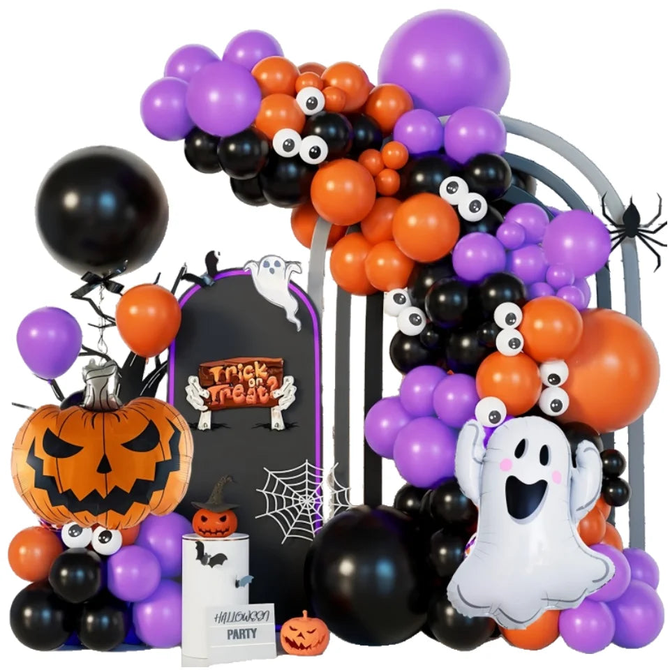 107 Halloween Themed Balloon Arch Set Halloween Pumpkin Ghost with Purple Black Orange Latex Balloon Perfect for Halloween Party Funny Birthday Party Christmas and Evening Party Decoration First Choice