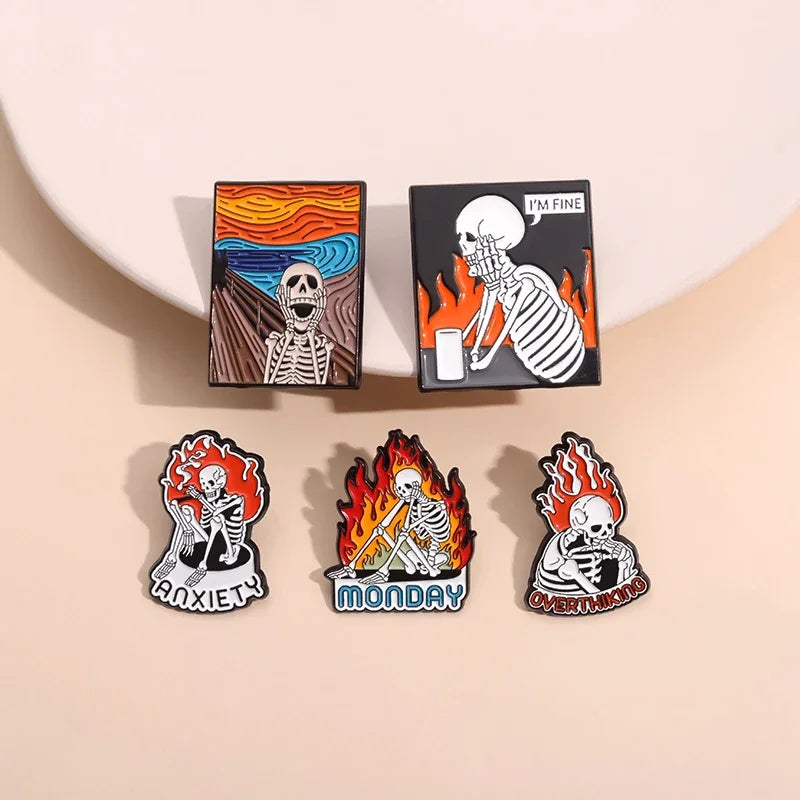 Halloween Skeleton Oil Painting Design Enamel Pins I'm Fine Anxiety Overthiking Skull Brooches Lapel Badge Punk Jewelry Gifts