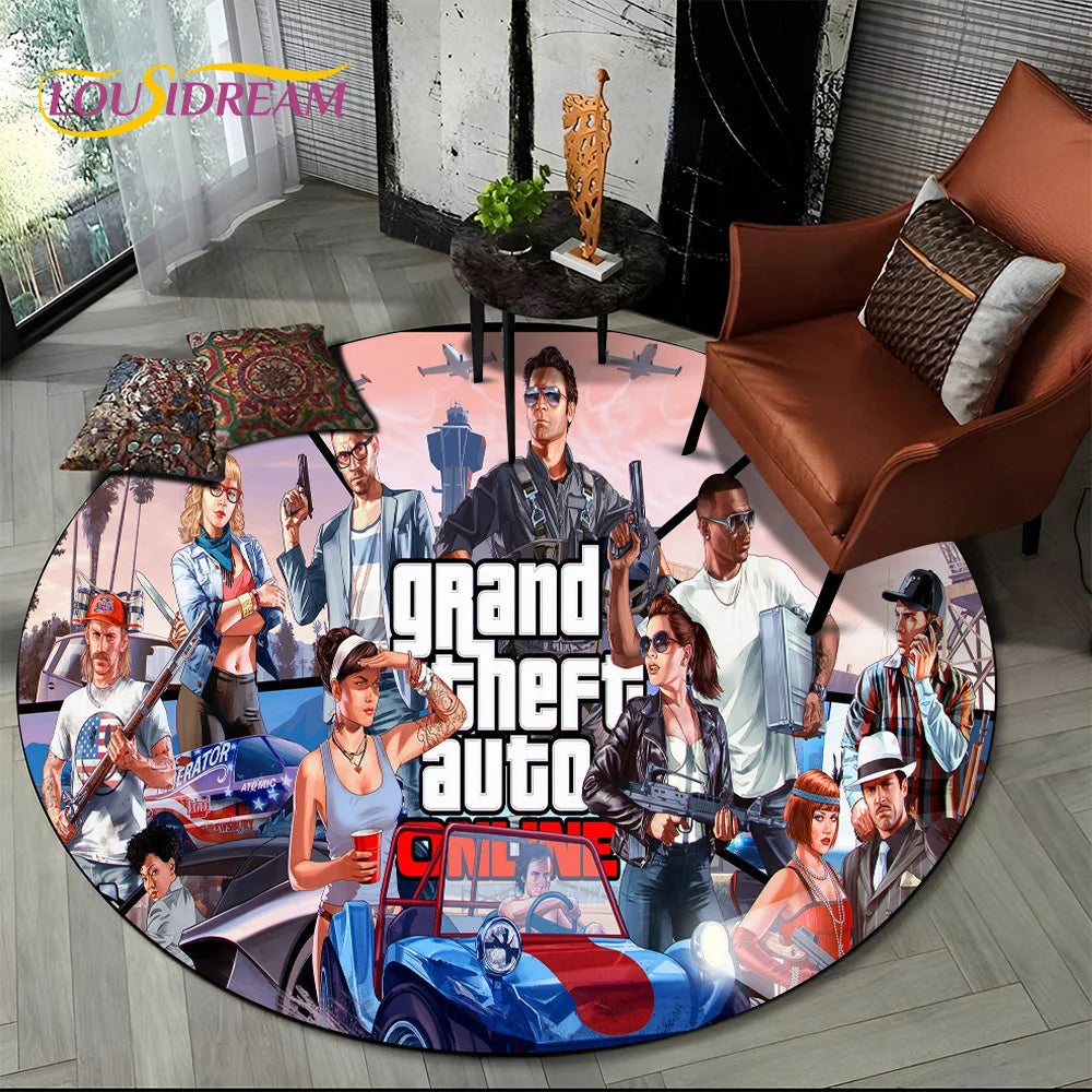 Grand Theft Auto Games GTA  Gamer Round Carpet Rug for Living Room Bedroom Child Playroom Decor,Pet Area Rug Non-slip Floor Mat