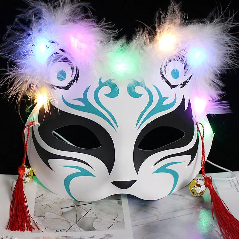 Luminous Led Mask Japanese Foxes Mask Rave Costume Anime Half Face Cat Masks Masquerade Festival Halloween Party Cosplay Props