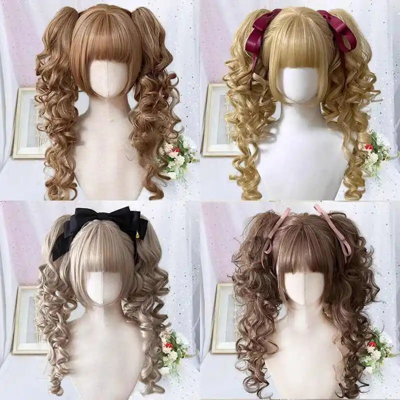 Synthetic Short Lolita Cosplay Christmas Halloween Bob Brown Blonde LM Wig With Long Curly Ponytail Natural Fake Hair for Women