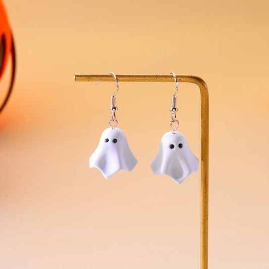 Cute Cartoon White Ghost Dangle Earrings for Women Trendy Creative Funny Monster Earrings Necklace Halloween Jewelry Accessories