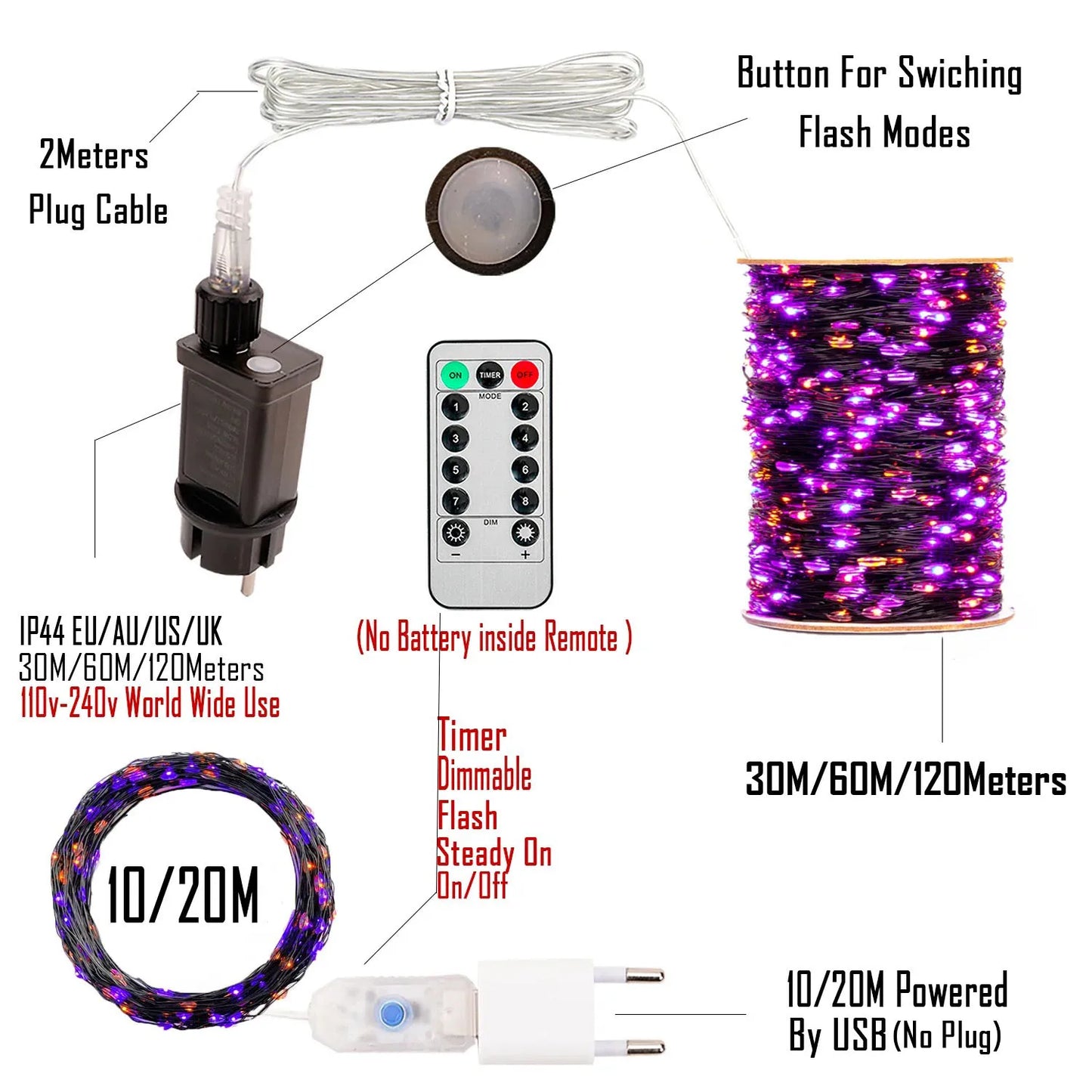 Purple and Orange Fairy String Lights Copper Black Wire Total 100-1200LED USB Fairy Lights With 8 Modes For Halloween Decoration