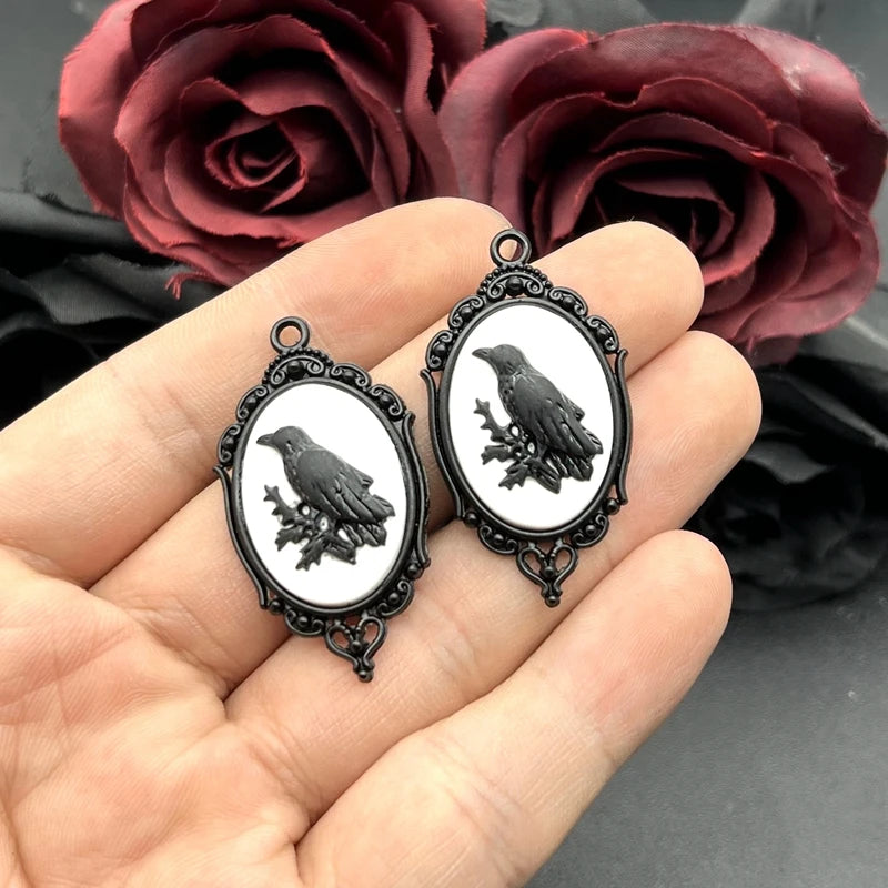 4pcs Gothic Black Crow Silver Plated Framed, Raven Relief Charms Halloween Witch Pendant Fit Jewelry Making DIY Jewelry Finding