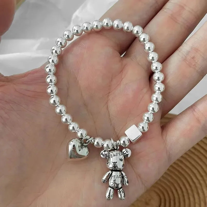925 Sterling Silver Bracelets for Women String of Beads Accessories Trend Vintage Simple Cute Bear Pendant Party Jewelry  팔찌