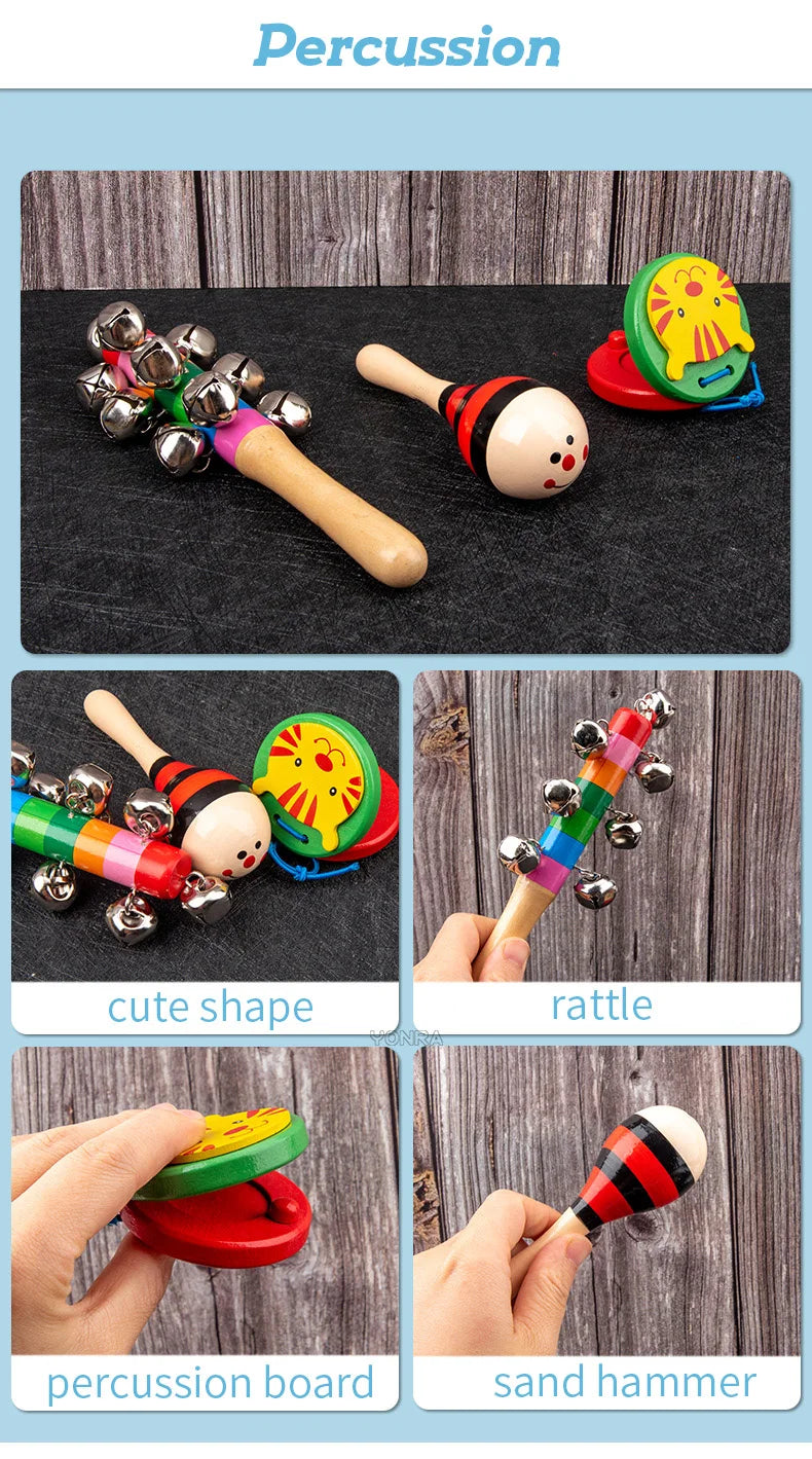 9 in 1 Wooden Montessori Toys Rattle Bell Drum Column Set Musical Instruments Sensory Early Baby Toy Toddler Education