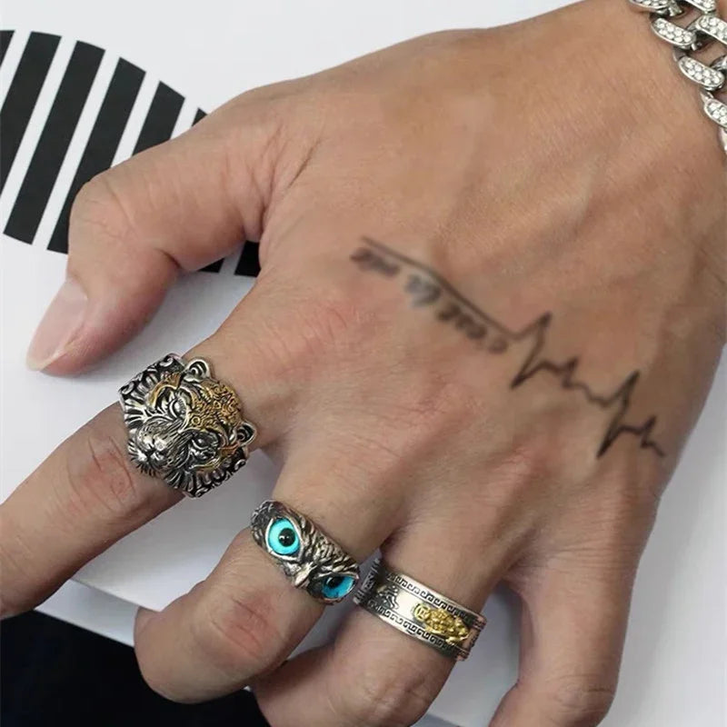 925 Silver Vintage Handsome Golded Tiger Head Mens Rings Hip Hop Style Domineering Ring Suitable for Daily Jewelry Wearing