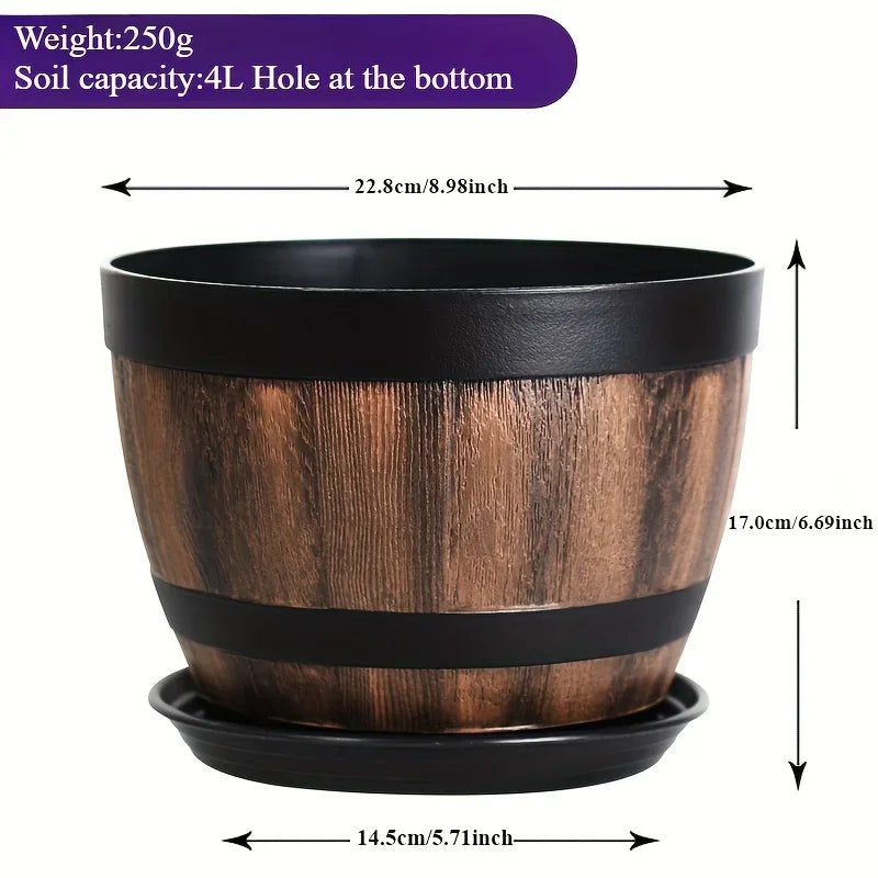 Retro whiskey barrel planter, resin striped garden flower pot with