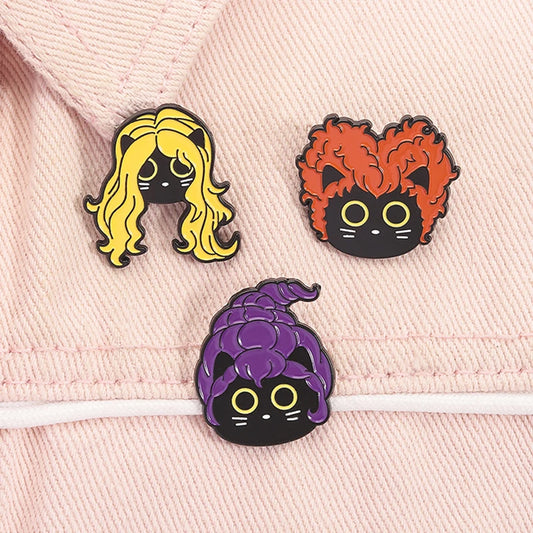 Funny Witch Black Cat Enamel Pins Family Comedy Film Movies Witch Sisters Brooch Lapel Badge Halloween Jewelry Gifts for Friends