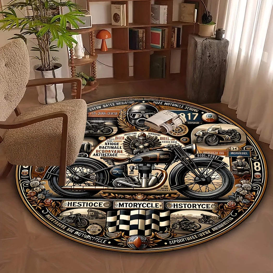 Retro Motorcycle Pattern Round Area Rug – Anti-Slip, Digital Printed Floor Mat for Bedroom, Living Room, Game Room, Bar Decor