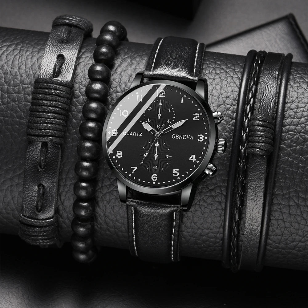 New Men's Watch Luxury Bracelet Multi Piece Set Fashion Business Black Leather Quartz Watch Men's Gift Set Reno Masculino