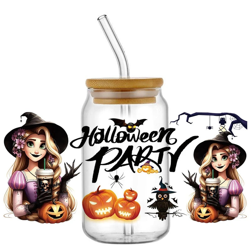 Miniso Halloween Stitch Mixed Cartoon Pattern Transfer Stickers Waterproof UV DTF Cup Wraps 3D Wrap Decal For 16oz Libbey Glass