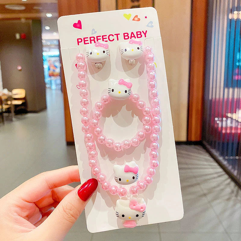 4pcs/set Sanrio Cartoon Hello Kitty Necklace Finger Ring Bracelet Set Kawaii Birthday Gifts For Girls Jewelry Accessories