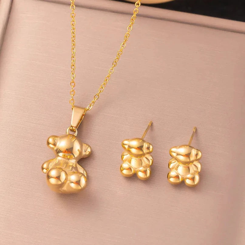 3PCS Anime Style 3D Cute Bear Earrings Necklace Set For Women High Quality Stainless Steel Not Fading INS Couples Gift Jewelry