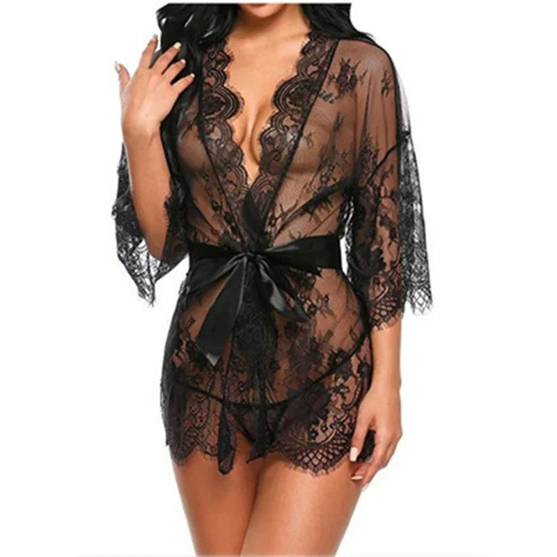 Lace Front Closure Sleepwear Women Sexy Lingerie Dress Babydoll Transparent Mesh Nightdress Erotic Clothing Erotic Sleepwear