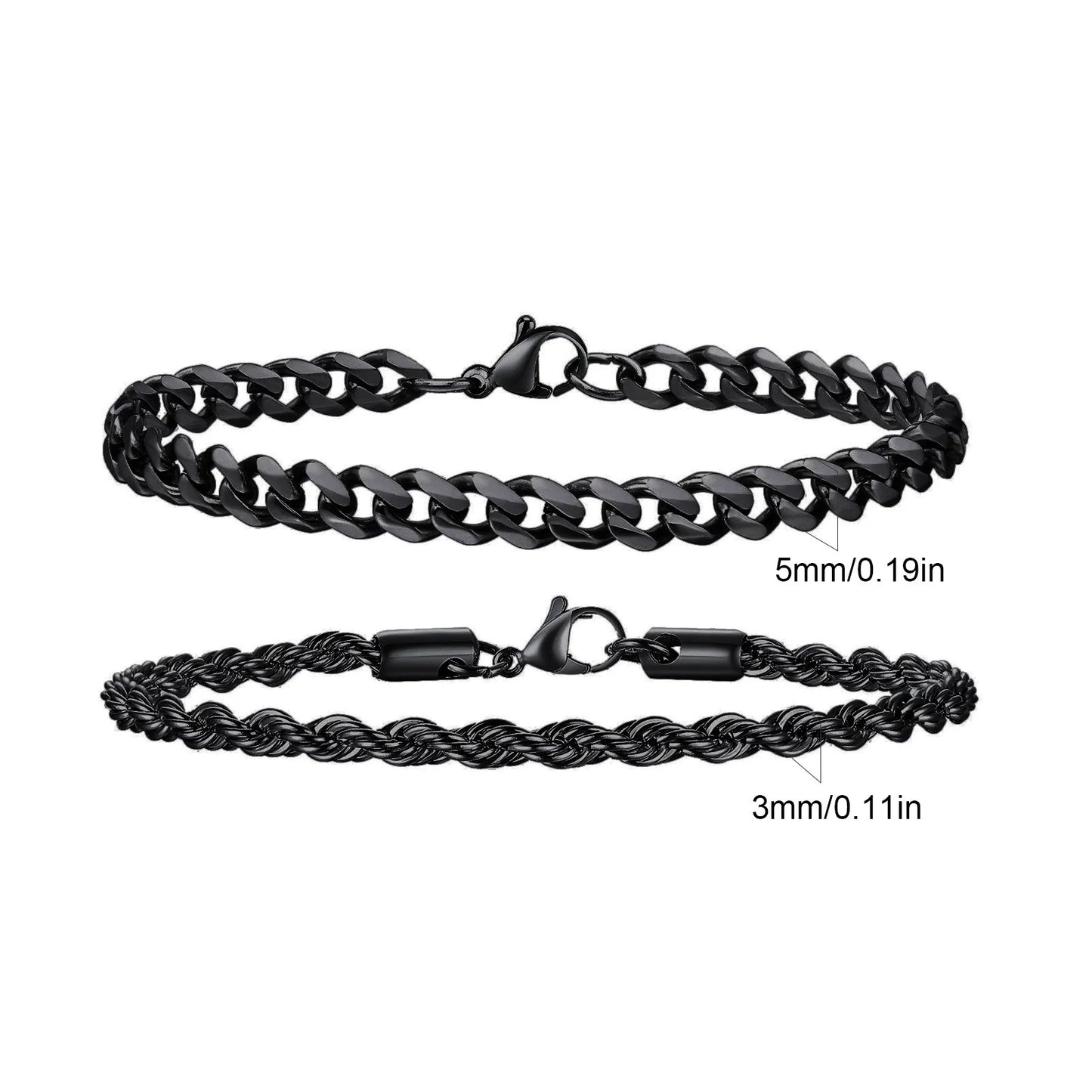 2pcs Men's Chain Bracelets,Silver Gold Black Color Stainless Steel Twisted Rope Chain,Trendy Cuban Chain Wristband Gift