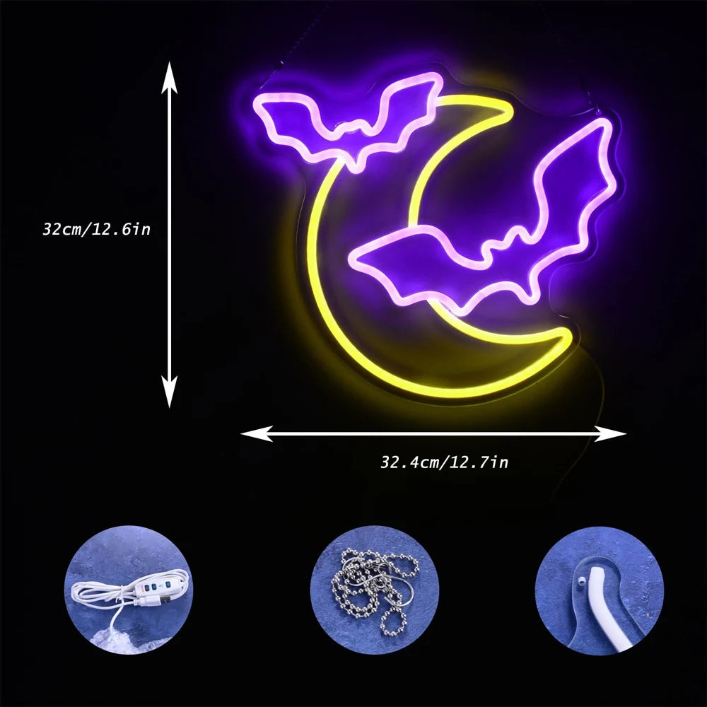 Halloween Decorations Neon Signs,Moon and Bat LED Light,Neon Light up Halloween Party,USB Powerd Gothic Neon Lamp for Wall Decor