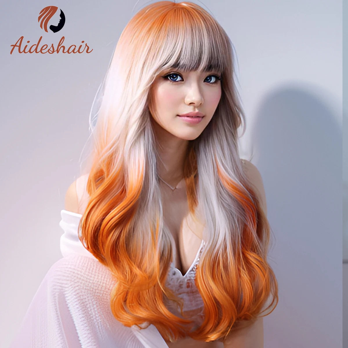 Peach shade shade wig Ladies dark red white shade shade wig with bangs Heat resistant synthetic wig Halloween cosplay party wig