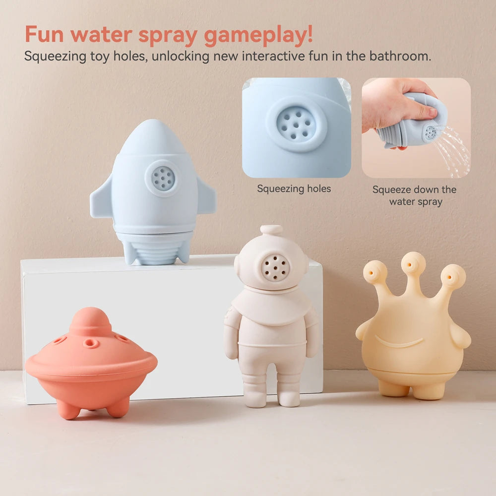 Children's Bath Toys Silicone Space Water Spray Pinch Toys Early Education Intelligence Baby Water Bathtub Bathroom Toys Set