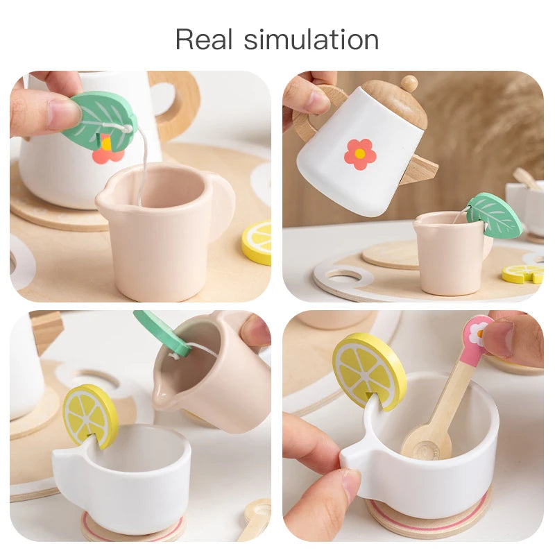 Kids Simulation Wooden Dessert Food Toys Kitchen Cookies Coffee Afternoon Tea Pretend Play Toys for Boy Girls Birthday Xmas Gift