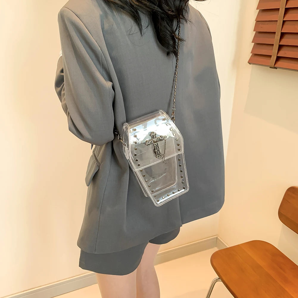 2024 Novelty Coffin Shape Purse Halloween PVC Clear Jelly Chain Crossbody Bag Stadium Approved Phone Bag Punk Retro Shoulder Bag