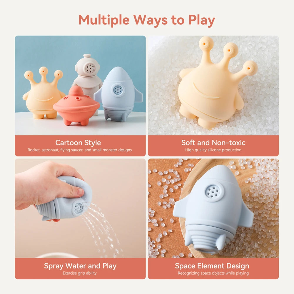 Children's Bath Toys Silicone Space Water Spray Pinch Toys Early Education Intelligence Baby Water Bathtub Bathroom Toys Set