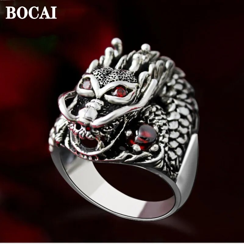 BOCAI New 100% S925 Silver Retro Personality Domineering Dragon Head Men's Ring Fashion Good Luck Jewelry Accessories