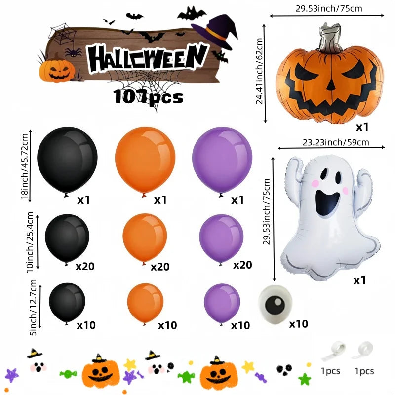 107 Halloween Themed Balloon Arch Set Halloween Pumpkin Ghost with Purple Black Orange Latex Balloon Perfect for Halloween Party Funny Birthday Party Christmas and Evening Party Decoration First Choice