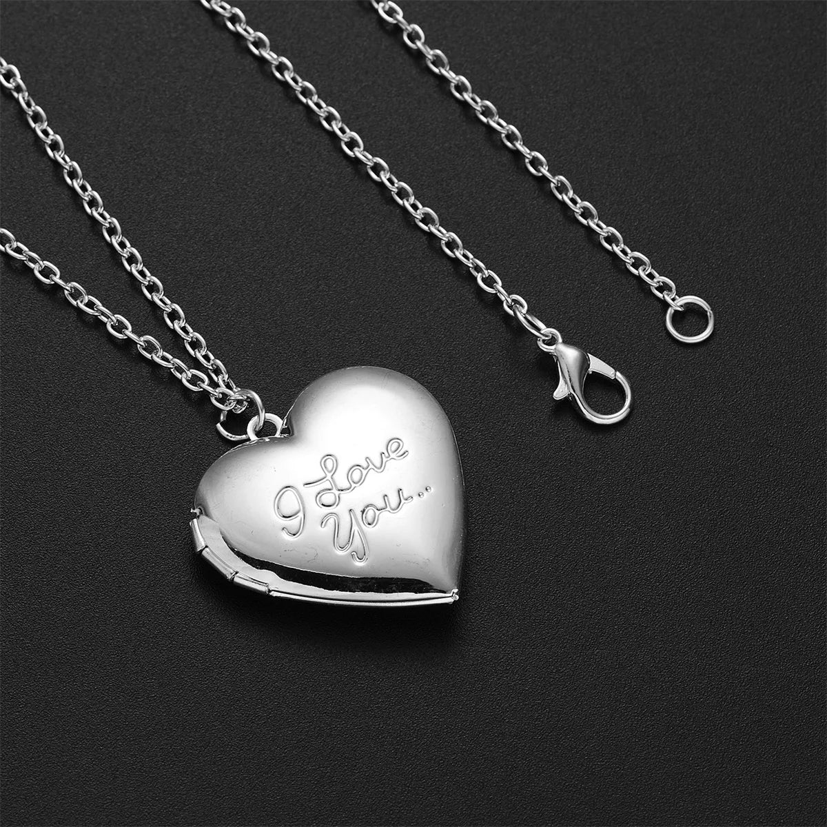 Silver Color Love Heart Photo Frame Pendant Necklace For Women I Love You Flower Pattern Heart Openable Locket Necklace Jewelry