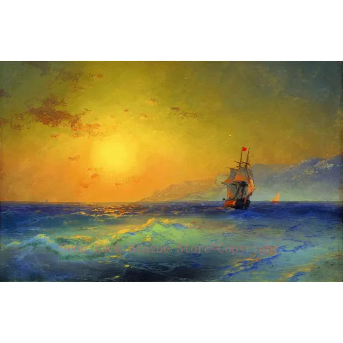 HOME OFFICE WALL Decor ART # 100% handpainted work Russian Ivan Aivazovsky Ship in Sunset glow copy art oil painting on canvas