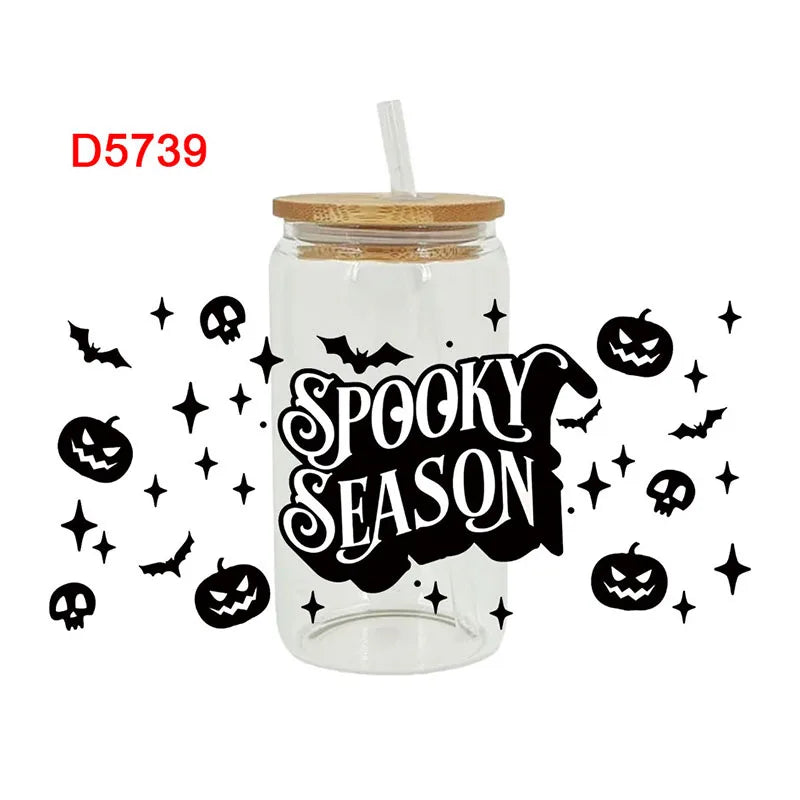 UV DTF Transfers Stickers, 16oz, Cup Wraps, Spooky Season, Halloween Printed for DIY Glass, Ceramic Metal Leather, Etc. D5736