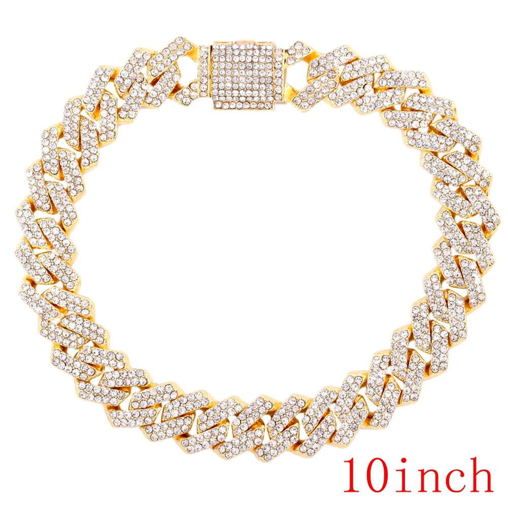 14MM Miami Prong Cuban Link Chain Necklace for Women Gold Silver Color Luxury 2 Row Rhinestones Cuban Choker Iced Out Jewelry