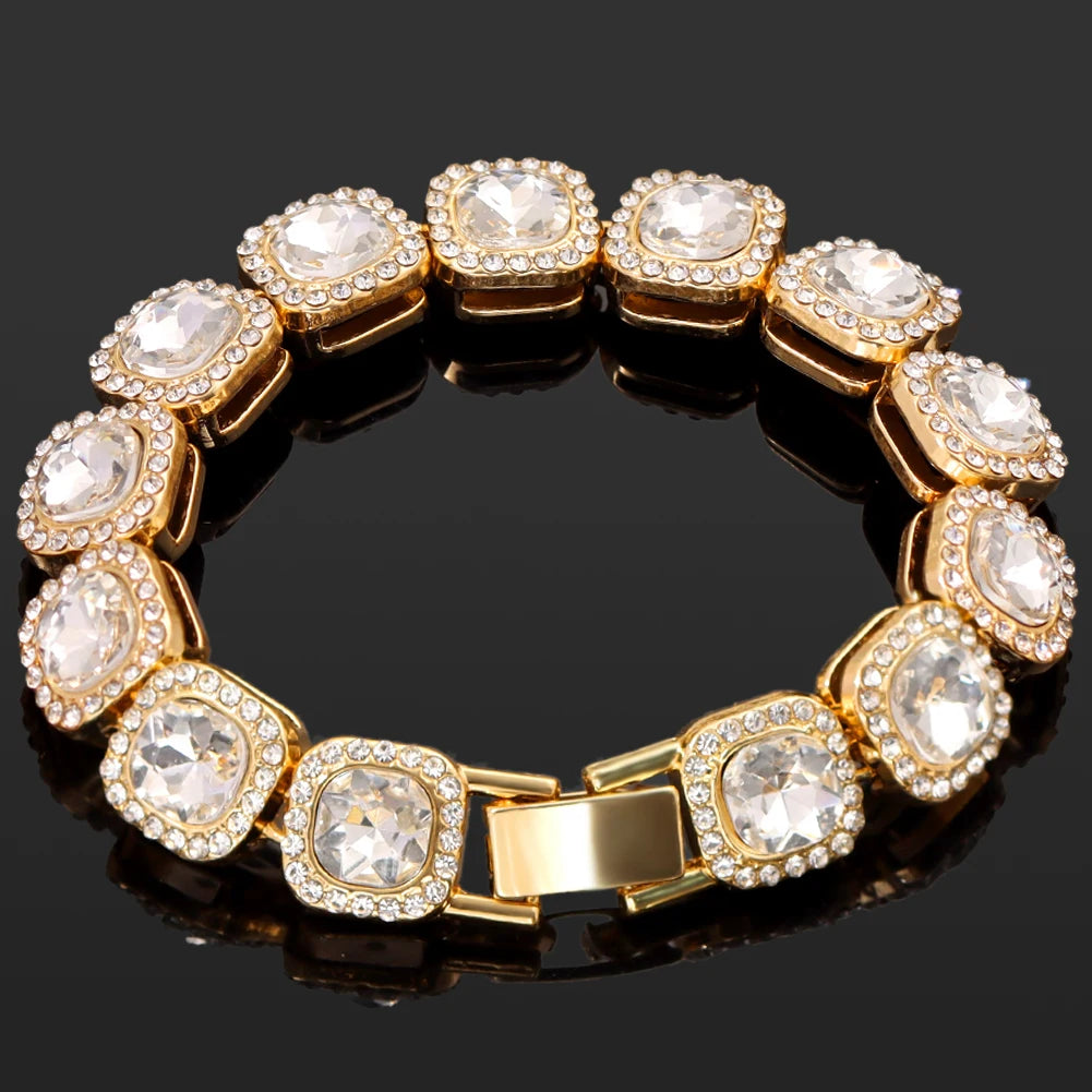4Pcs Iced Out Chain Cuban Bracelet for Women Men Hip Hop Gold Silver Color Full Rhinestone Heart Circle Square Bracelet Jewelry