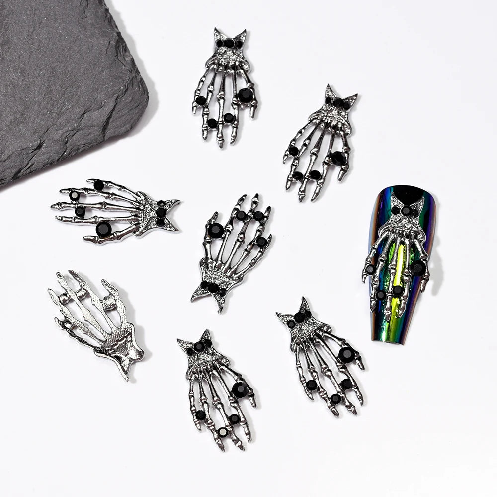10pcs Bone Skeleton Halloween Nail Charms Scary Decoration Nail DIY 2023 Skull Cross Halloween Metal Nail Art Parts Gems