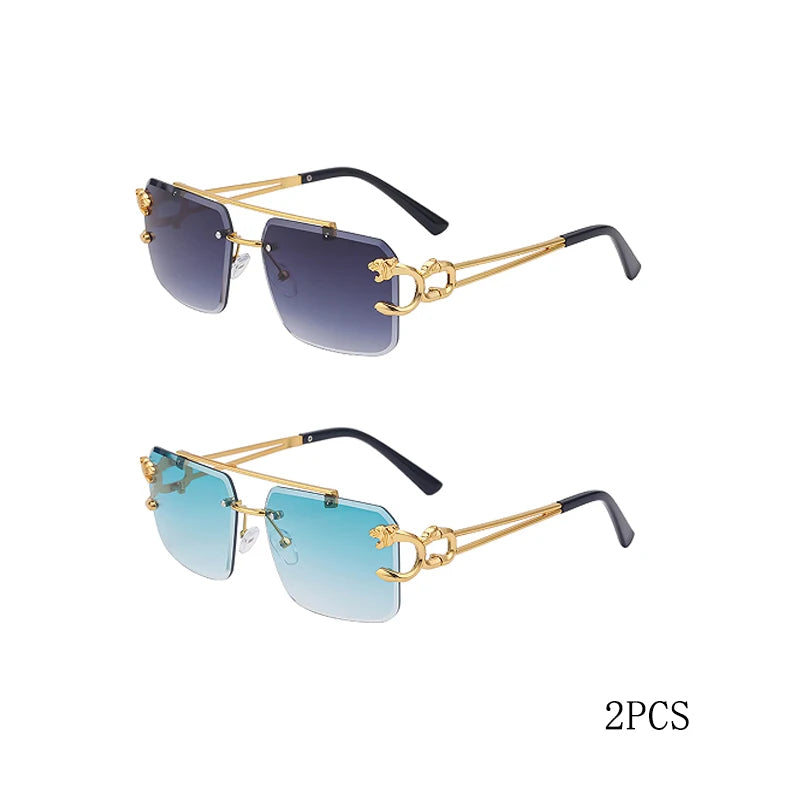 Fashion Metal Leopard Rimless Sunglasses Double Bridges Gradient Ocean Film Shades UV400