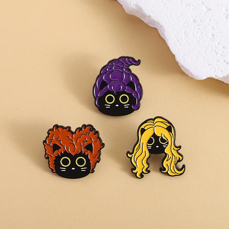 Funny Witch Black Cat Enamel Pins Family Comedy Film Movies Witch Sisters Brooch Lapel Badge Halloween Jewelry Gifts for Friends