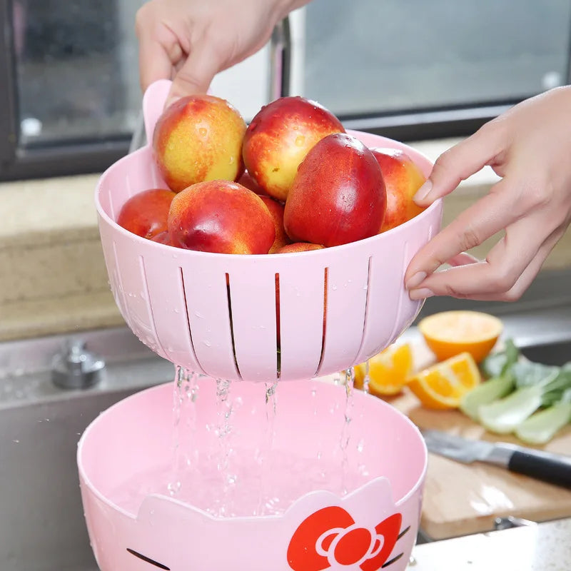 Hello Kitty Fruit Tray Vegetable Basket  Household Use Double Kitchen Storage Basketful Convenient Fruit Dish Kitchen Supplies