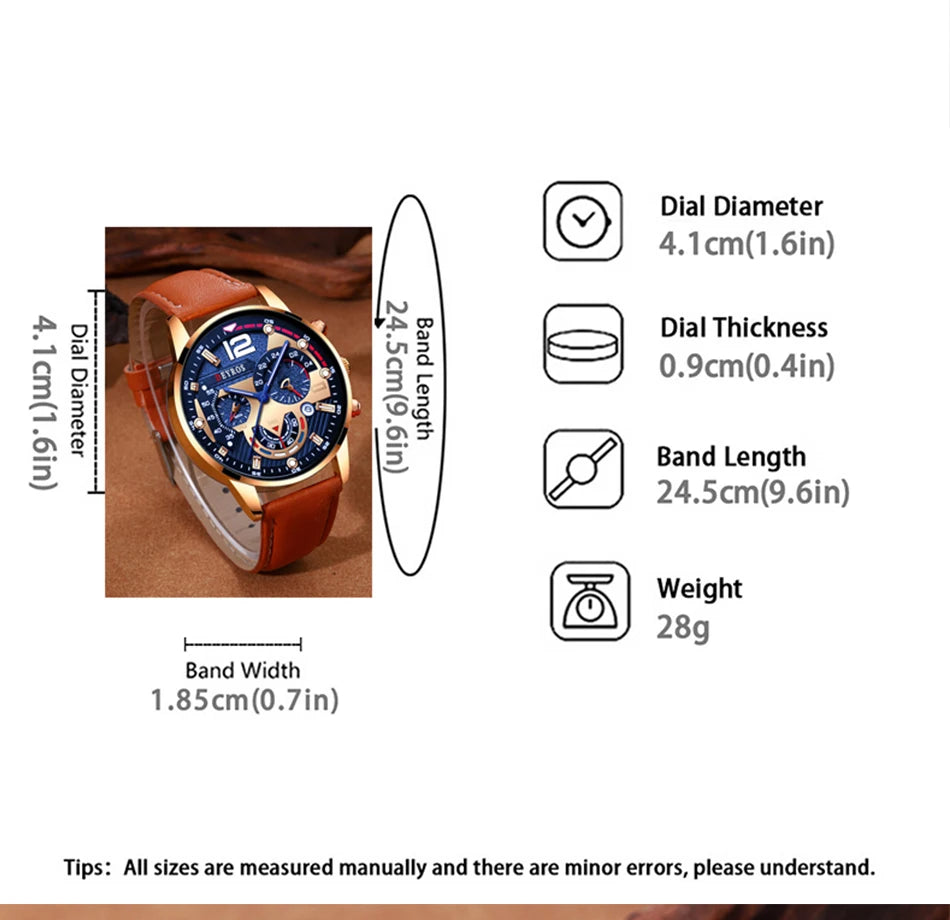 2PCS Set Fashion Mens Calendar Watches Luxury Male Business Casual Brown Leather Quartz Watch Men Bracelet Wrist Watch