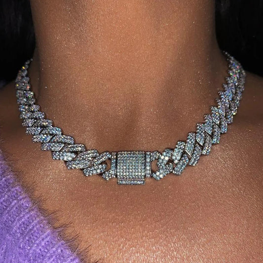 14MM Miami Prong Cuban Link Chain Necklace for Women Gold Silver Color Luxury 2 Row Rhinestones Cuban Choker Iced Out Jewelry