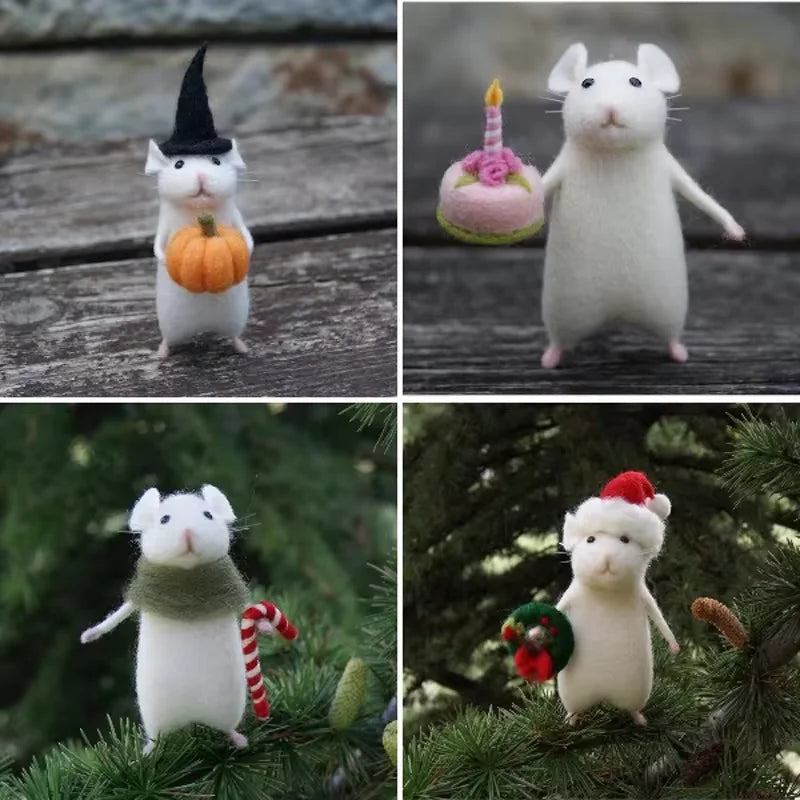 Halloween Handmade Wool Needle Felt Mouse Toy Set Desktop Decoration Creative Mini Little White Mouse Holding Pumpkin Cloth Doll