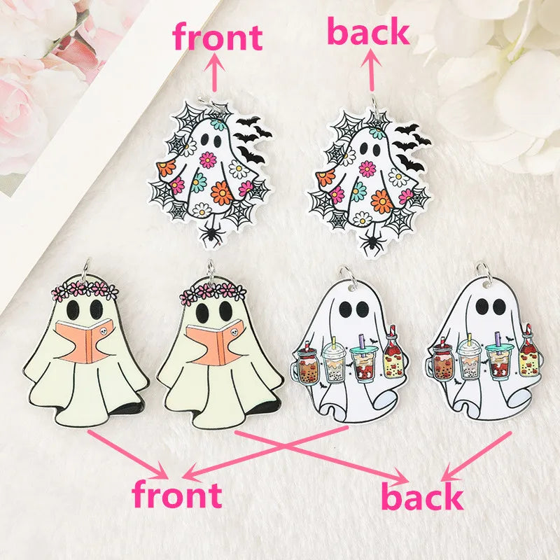 6Pcs Halloween Charms Creative Acrylic Funny Reading Flower Ghost Pendant For Necklace Keychain Diy Making